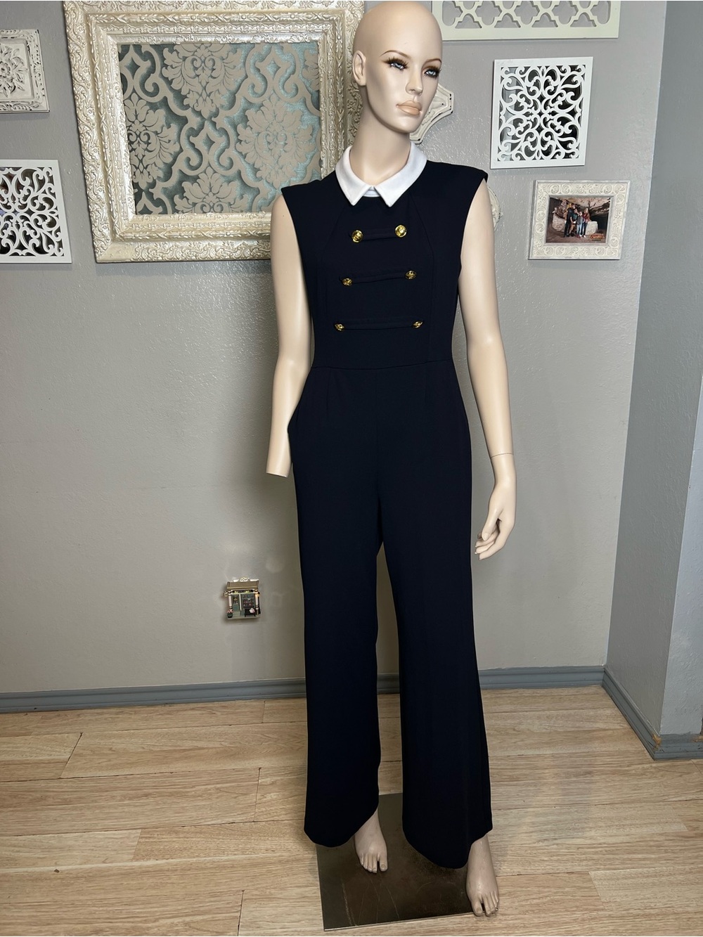 Shelby & Palmer Navy Blue Sleeveless Jumpsuit with White Collar and Gold Buttons - Picture 3 of 12